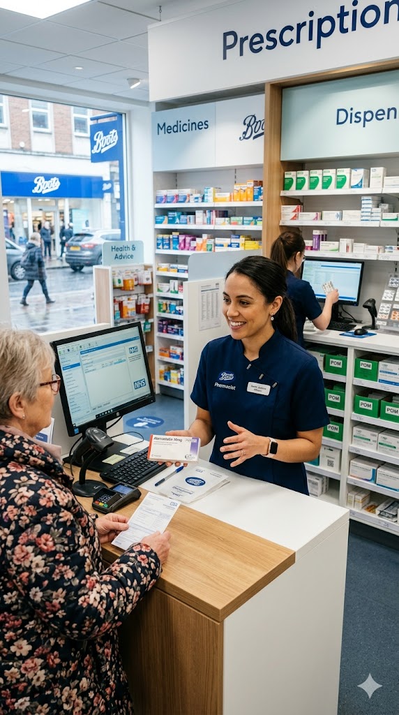 UK Pharmacy Jobs_ Pakistanis Guide A professional Pakistani pharmacist working in a UK pharmacy, assisting a customer with prescriptions.