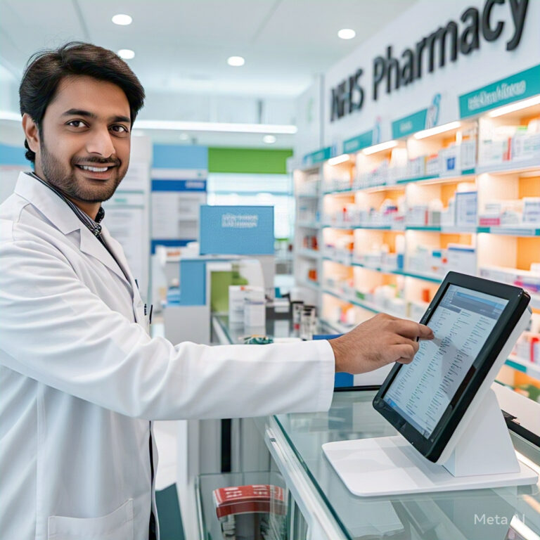 A professional Pakistani pharmacist working in a UK pharmacy, assisting a customer with prescriptions.