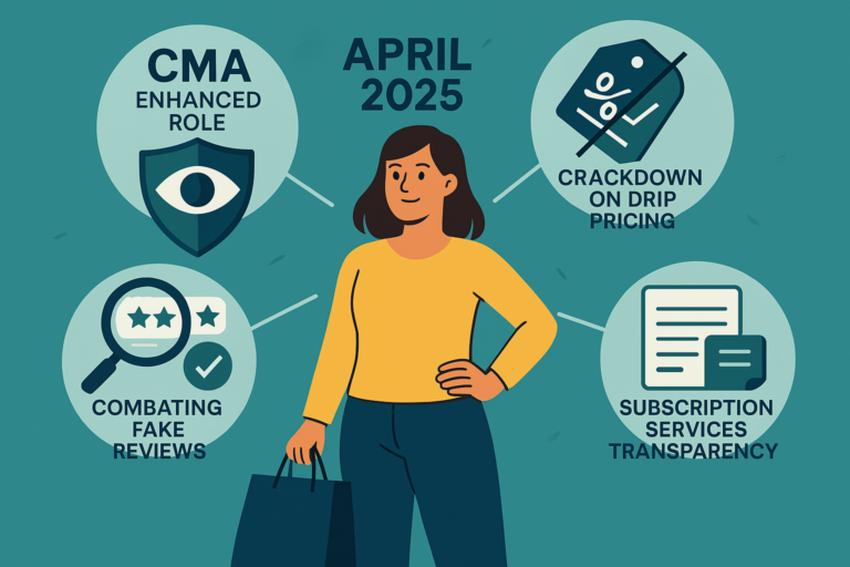 A confident shopper stands at the center, symbolizing empowerment, surrounded by elements representing key UK consumer rights enhancements coming in April 2025. The CMA is depicted as a guardian with a protective shield, reflecting its increased enforcement powers. A price tag with hidden fees is being unveiled or crossed out, symbolizing the crackdown on drip pricing. A magnifying glass highlights the identification and removal of fake reviews, while clear subscription service terms are shown through an open contract, representing transparency and easier cancellations. The color scheme uses blues and greens to convey trust and clarity.